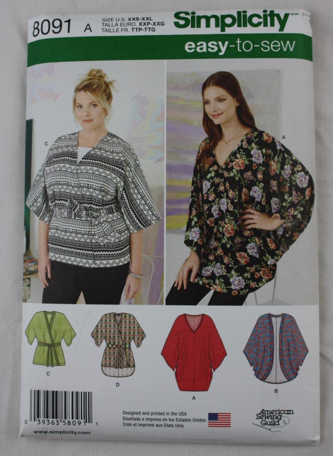 Simplicity Pattern 8091- Easy-to-sew pullover and kimono-style blouses